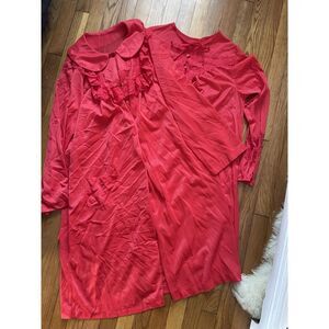 Vintage 2 Piece Nightgown Set With Housecoat Overcoat Solid‎ Red Lacy Medium